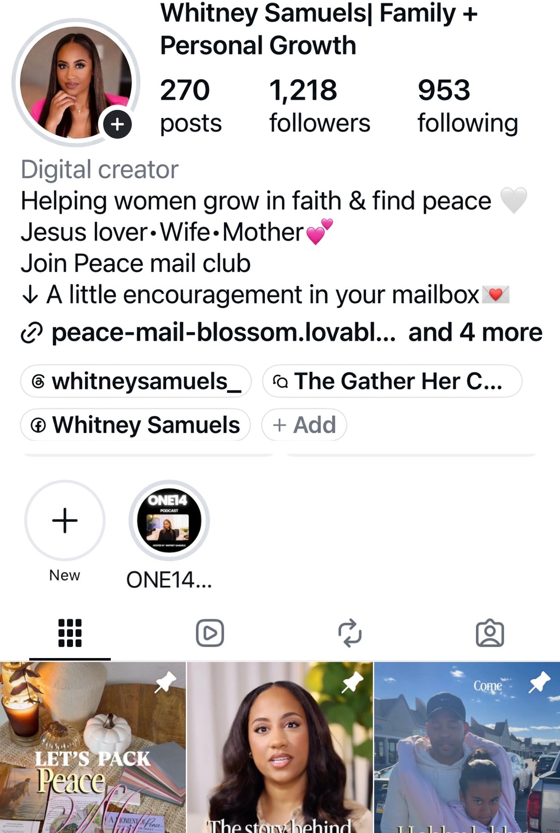 Whitney’s Instagram profile, @whitneysamuels_, with recent Peace Mail posts