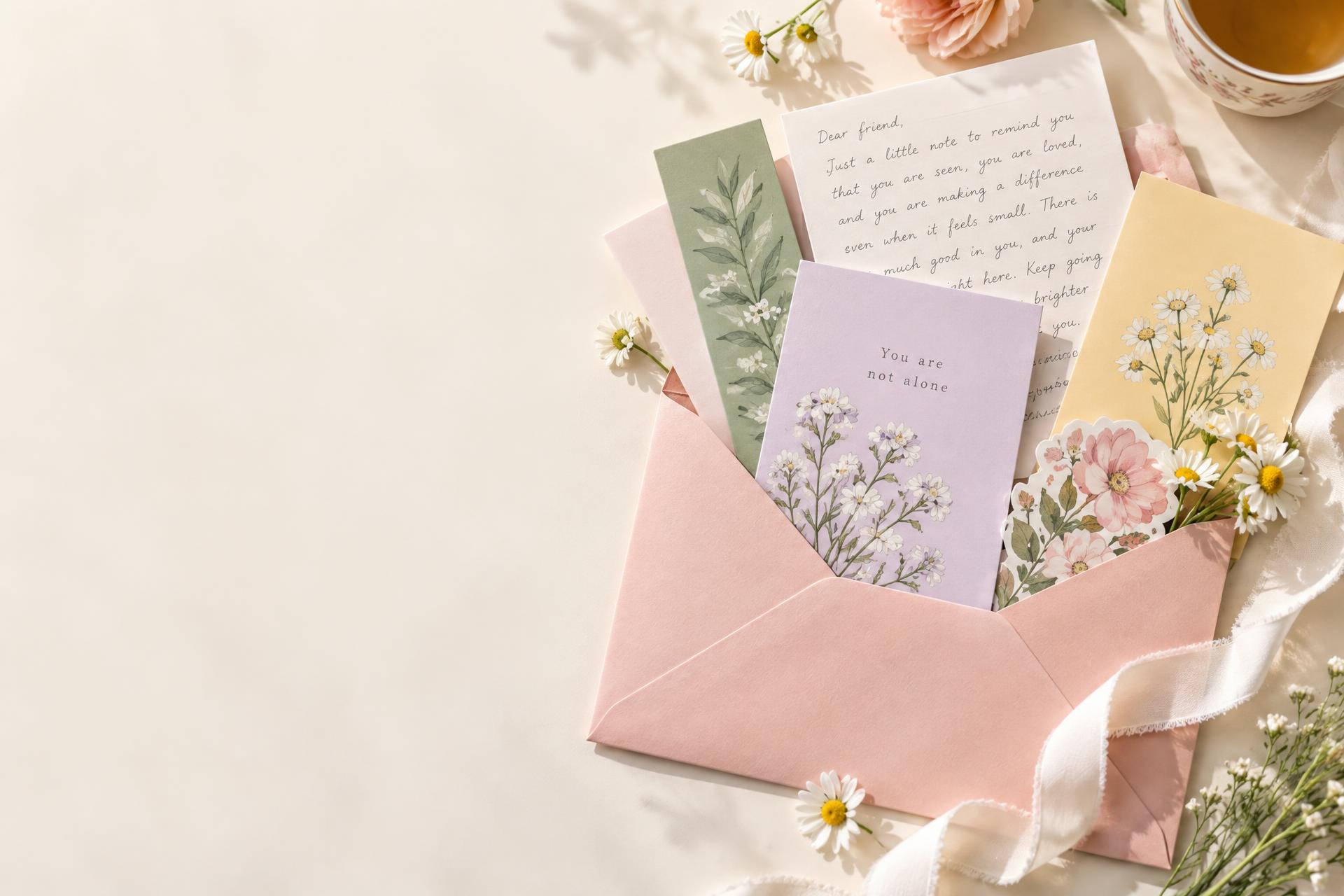A blush envelope filled with an encouragement letter, pastel scripture cards, a botanical bookmark, and floral stickers