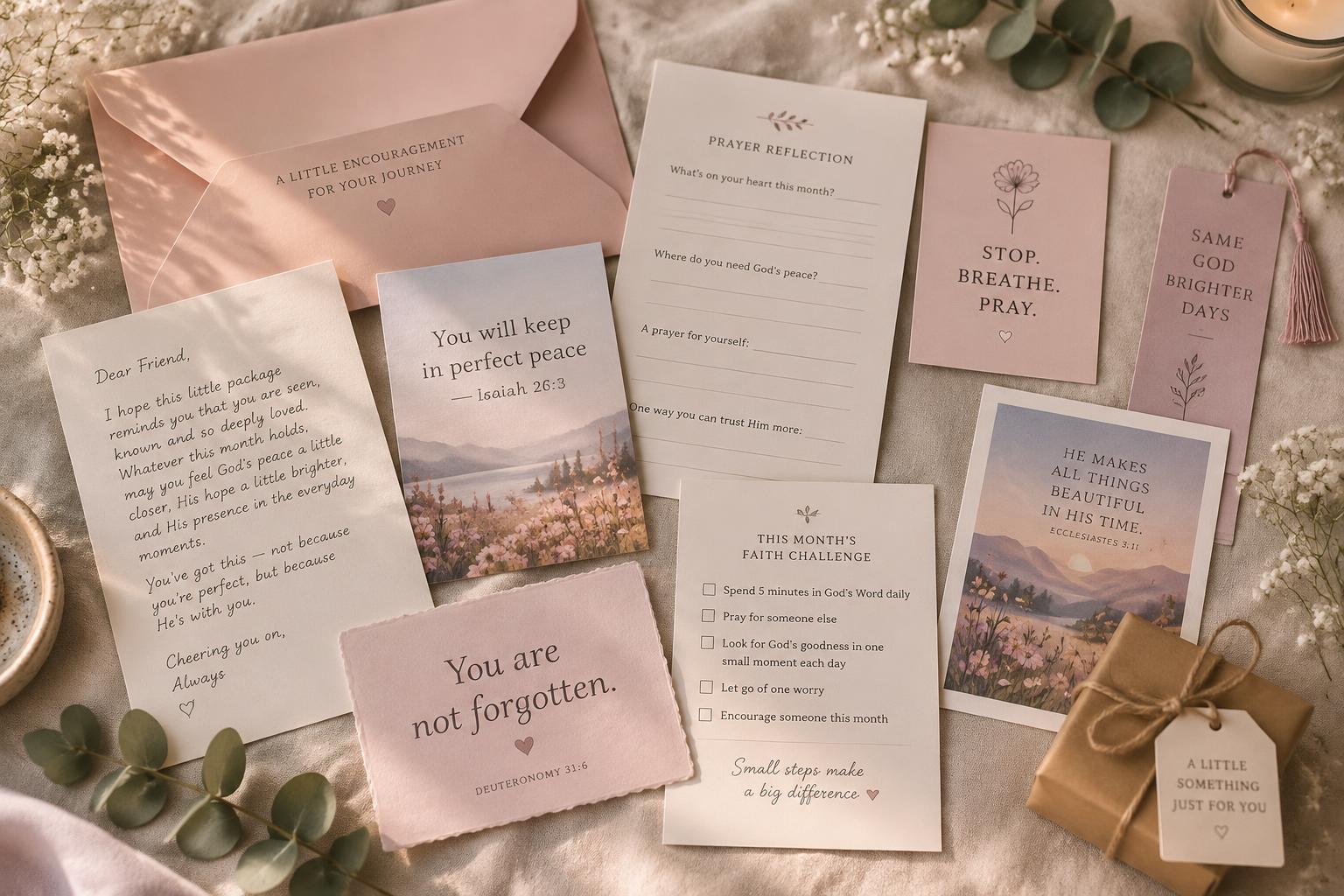 A blush envelope with an encouragement letter, scripture card, guided prayer page, Pause and Pray card, bookmark, a card to pass along, a monthly challenge card, and a little surprise, arranged on cream linen